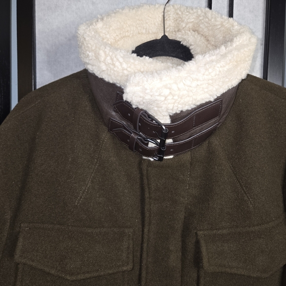 Zara Man Aviator Field Jacket Green Winter Coat Small Shearling Collar WoolBlend - Picture 4 of 7